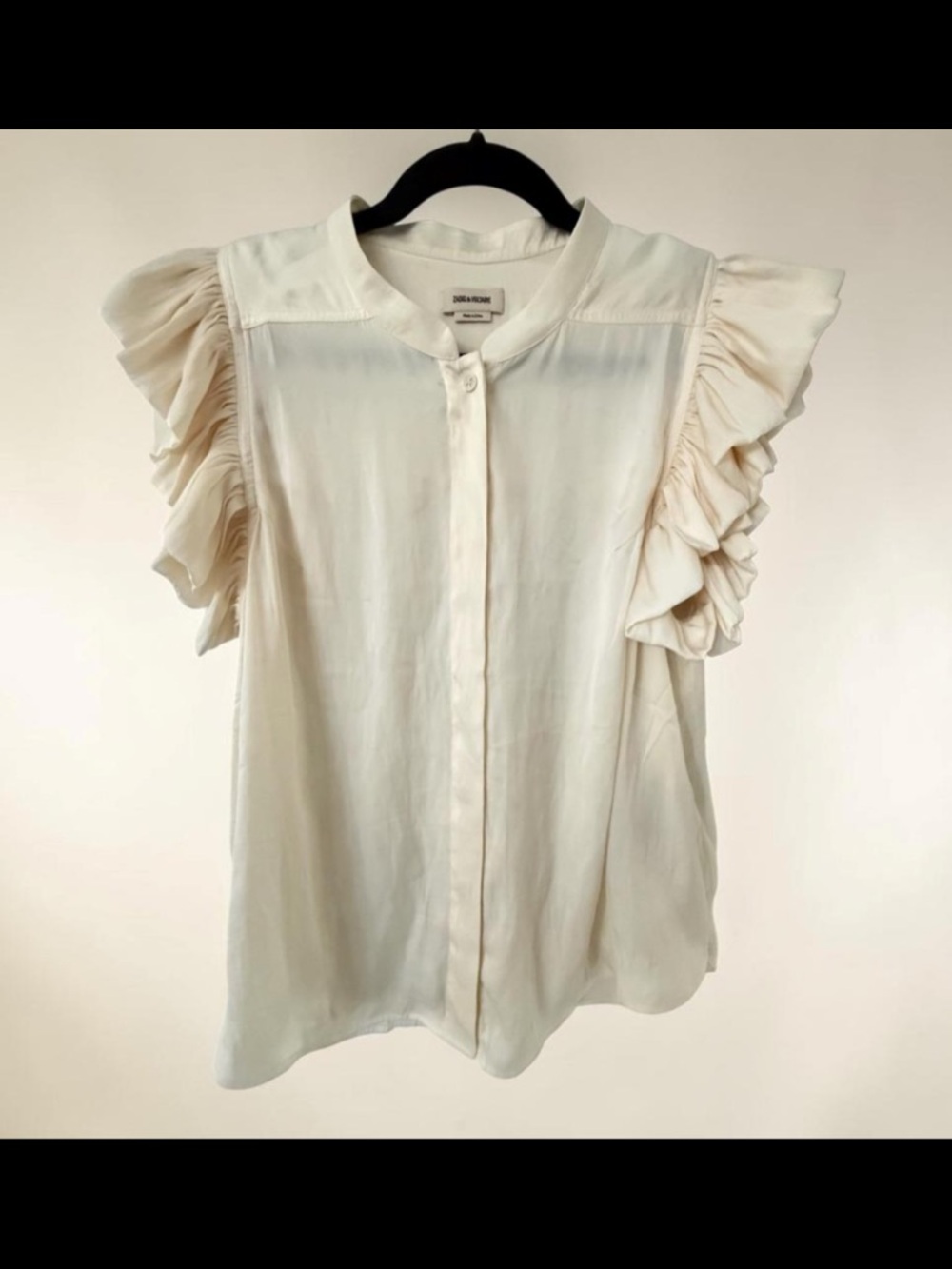 Zadig & Voltaire Off-White Satin Sleeveless Blouse | Sz L | Ruffle Shoulder